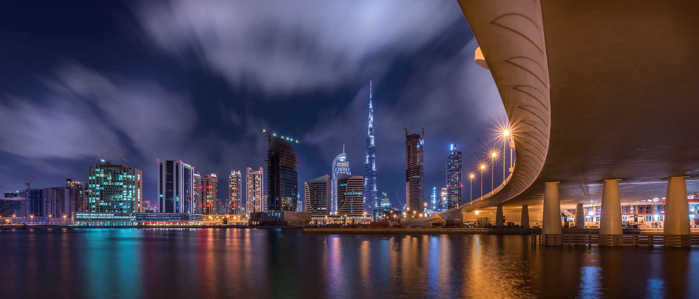 Business Bay at night, the canal and the towers along it