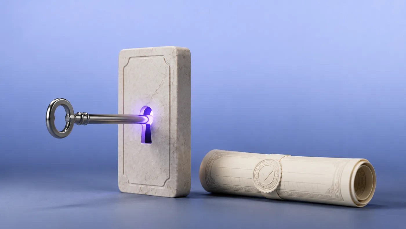 A key entering a lock beside a rolled certificate, representing Vigor's business setup services in the UAE