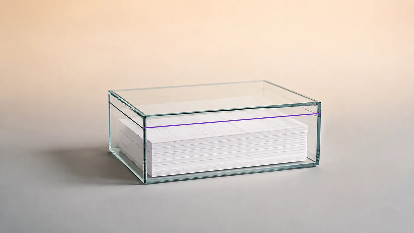 A clear glass box with documents fully visible inside, representing Vigor's transparency